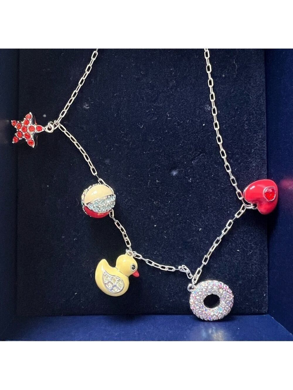 Vintage Swarovski Playful Multicolor Charm Necklace with Beach Rubber Duck Heart